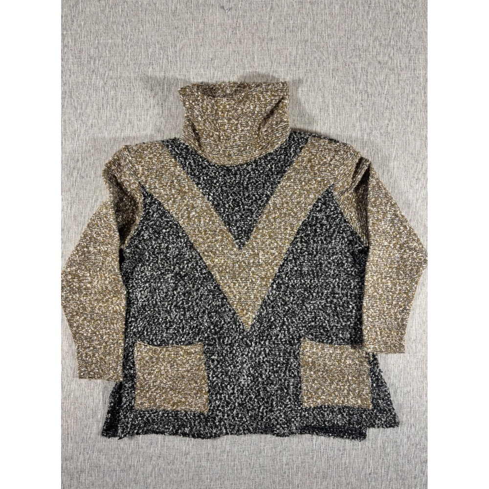 S.A.M. Womens Turtleneck Boucle Knit Sweater Chevron Colorblock Black Tan Pocket